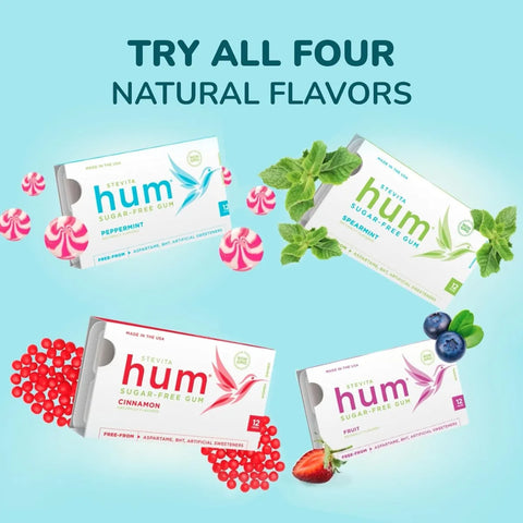 Stevita Hum, Fruit - Sugar-Free Gum - 12 Pieces, Pack of 12 - Supports Oral Health - Non-GMO, Vegetarian, Keto, Gluten Free - 72 Total Servings