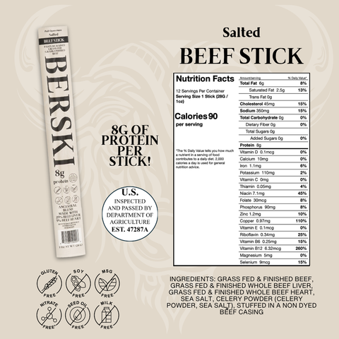 BERSKI Salted Ancestral Beef Snack Sticks - 12 Pack of 1 oz Sticks