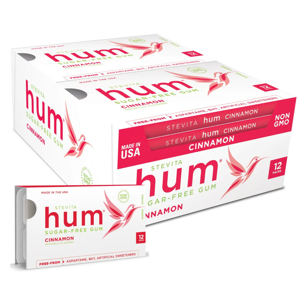 Stevita Hum, Cinnamon - Sugar-Free Gum - 12 Pieces, Pack of 12 - Supports Oral Health -, Non-GMO, Vegetarian, Keto, Gluten Free - 72 Total Servings