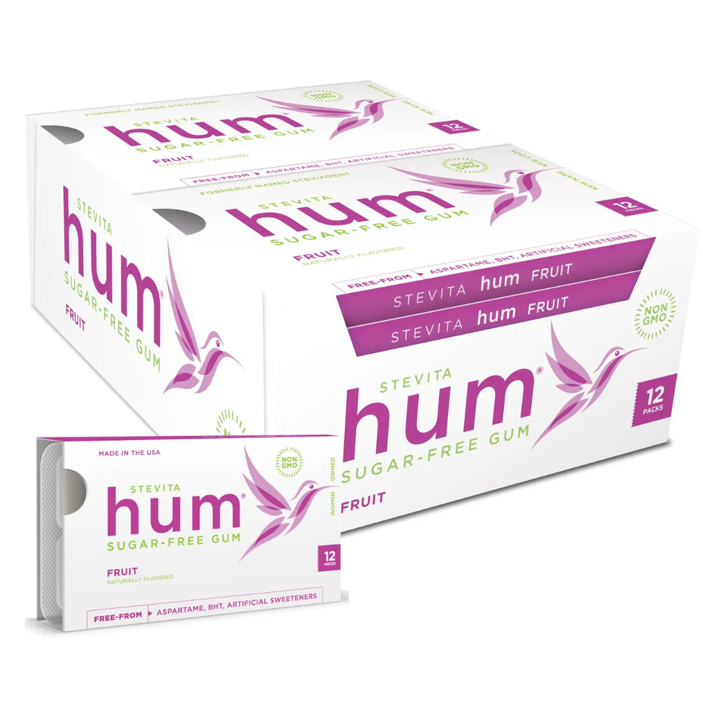 Stevita Hum, Fruit - Sugar-Free Gum - 12 Pieces, Pack of 12 - Supports Oral Health - Non-GMO, Vegetarian, Keto, Gluten Free - 72 Total Servings