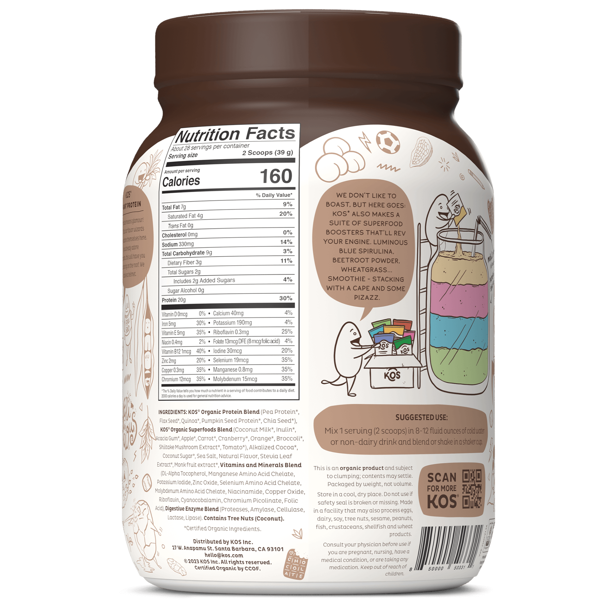 KOS Organic Plant Protein, Chocolate, 28 Servings