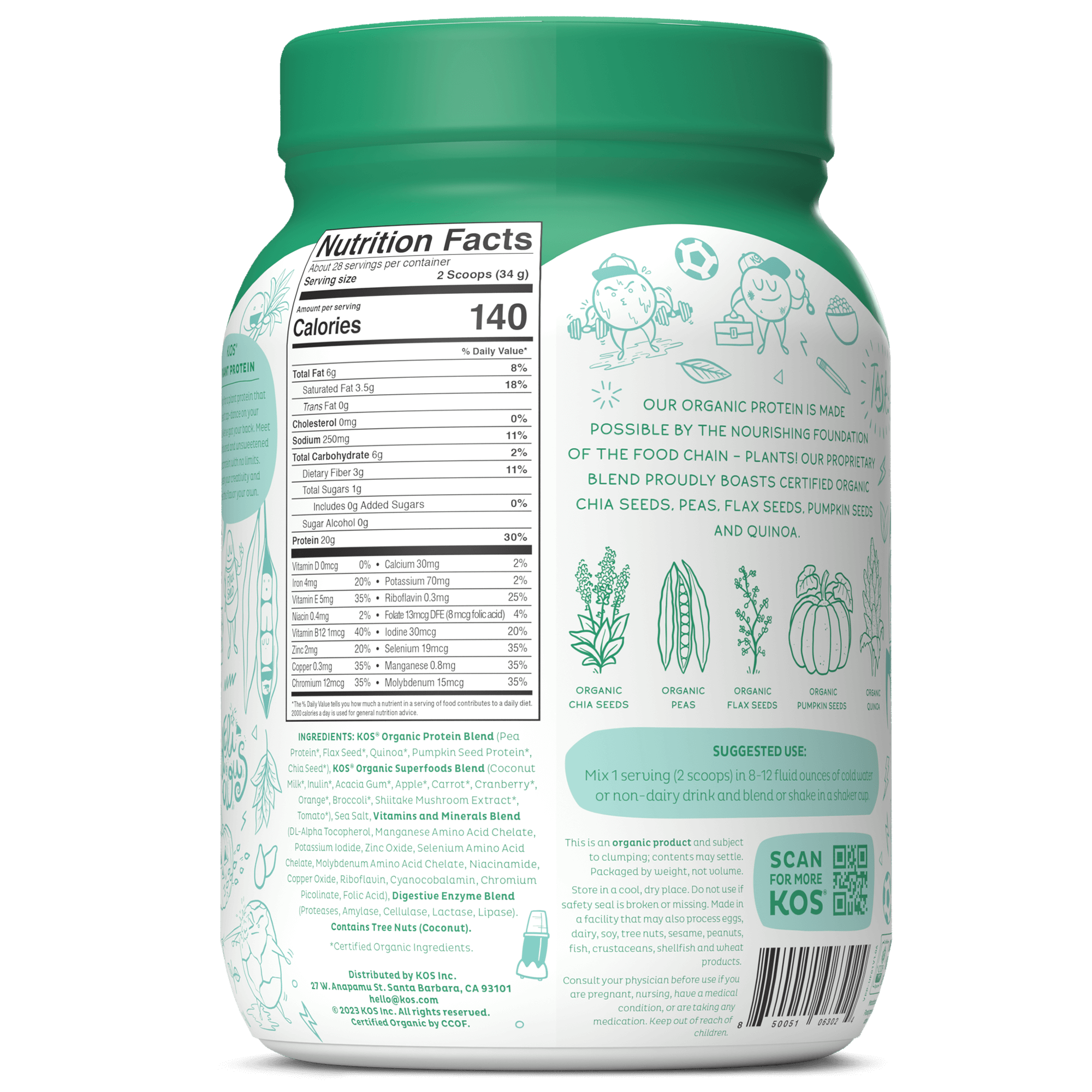 KOS Organic Plant Protein, Unflavored & Unsweetened, 28 Servings