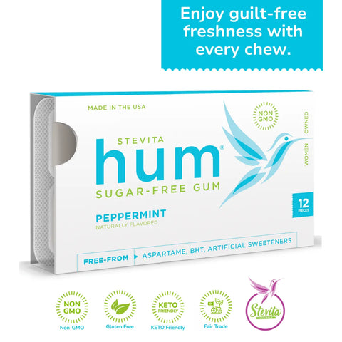 Stevita Hum, Peppermint - Sugar-Free Gum - 12 Pieces, Single Pack - Supports Oral Health - Non-GMO, Vegetarian, Keto, Gluten Free