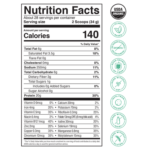 KOS Organic Plant Protein, Unflavored & Unsweetened, 28 Servings