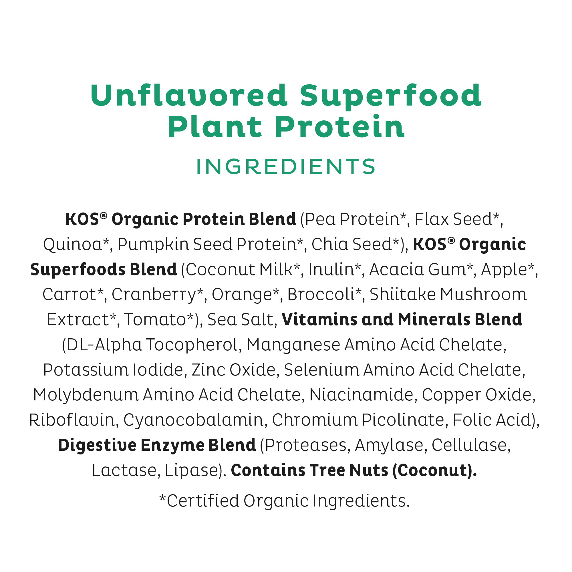 KOS Organic Plant Protein, Unflavored & Unsweetened, 28 Servings