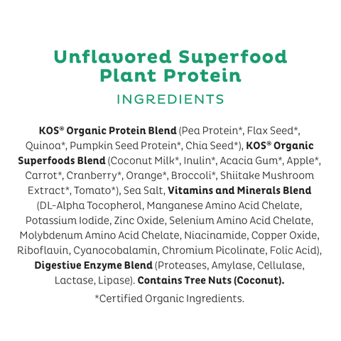 KOS Organic Plant Protein, Unflavored & Unsweetened, 28 Servings