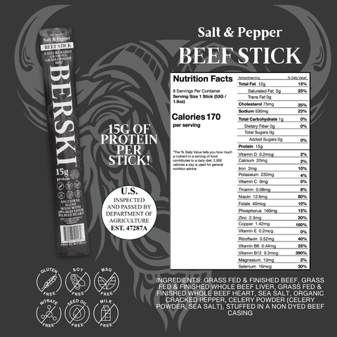 BERSKI Salt & Pepper Ancestral Beef Sticks - 8 Pack of 1.9oz Sticks