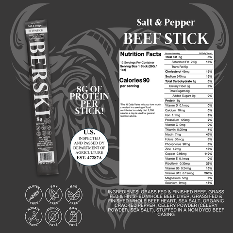 BERSKI Salt & Pepper Ancestral Beef Stick -1 Pouch of 12 1oz Sticks