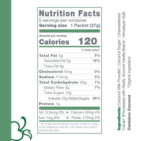 Instant Dairy Free Coconut Hot Cocoa Mix  | Single Serving 5 Pack |Gluten Free, Vegan and Organic