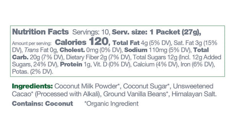 Instant Dairy Free Coconut Hot Cocoa Mix  | Single Serving 10 Pack |Gluten Free, Vegan and Organic