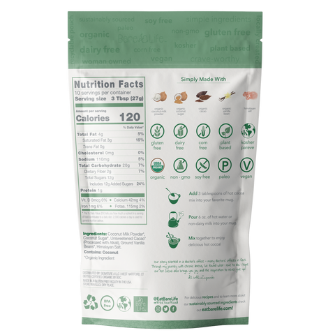 Instant Dairy Free Coconut Hot Cocoa Mix  |  10 Serving Pouch | Gluten Free, Vegan and Organic