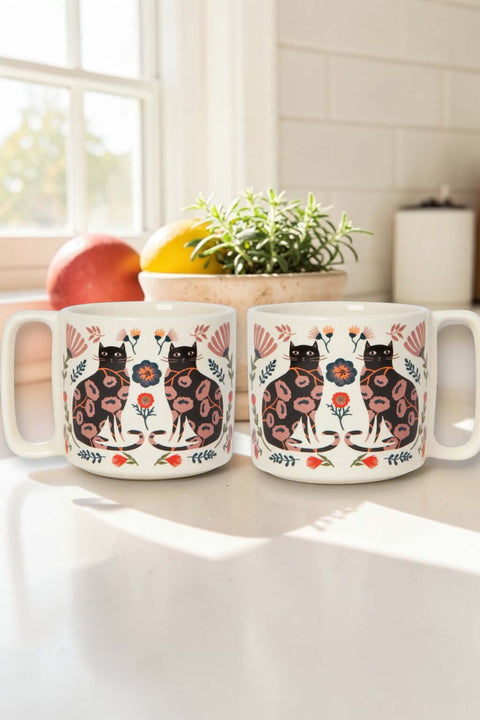 Catbloom Midi Studio Mug – 11 oz Stoneware Floral Cat Mug, Dishwasher & Microwave Safe