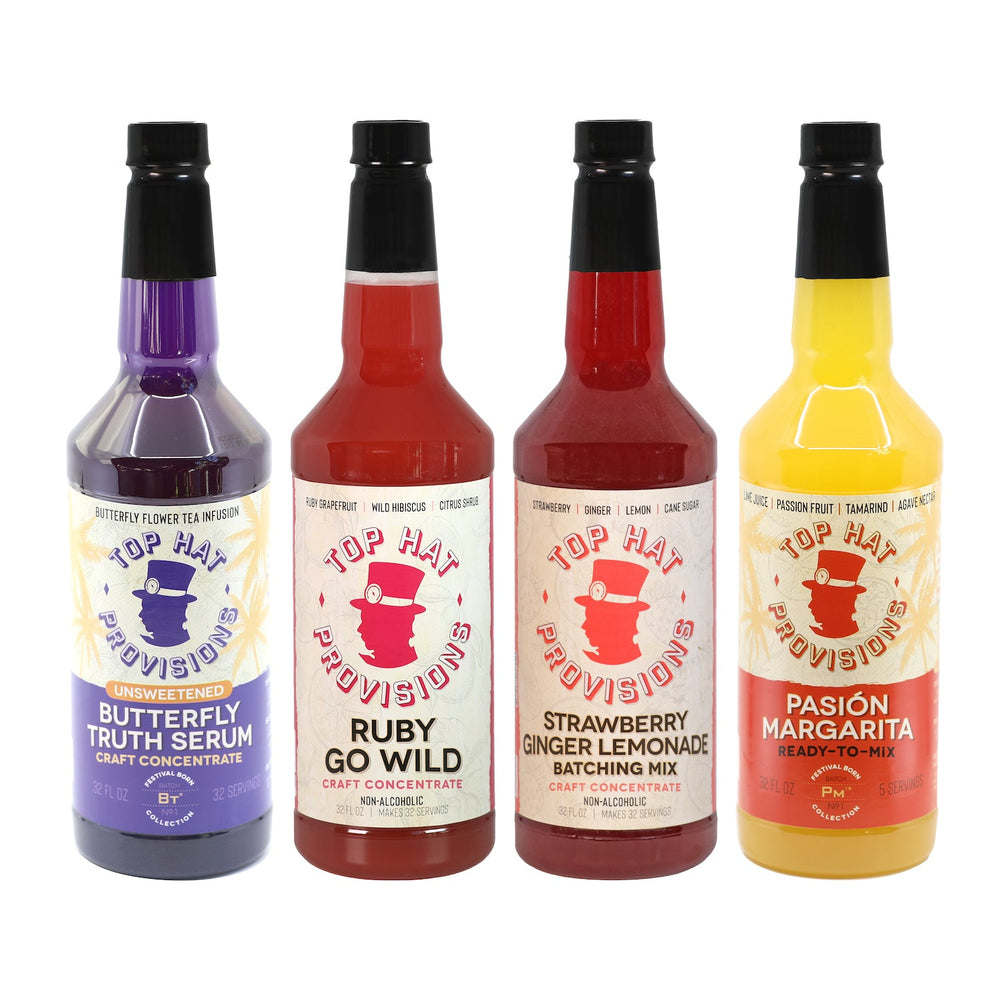 Top Hat Colorful AF Non Alcoholic Cocktail Mixology Combo Kit - Butterfly Truth Serum Floral Tea Extract, Ruby Go Wild Paloma Concentrate, Strawberry Ginger Lemonade Concentrate & Pasión Margarita Mix - 4 pack of 32oz bottles