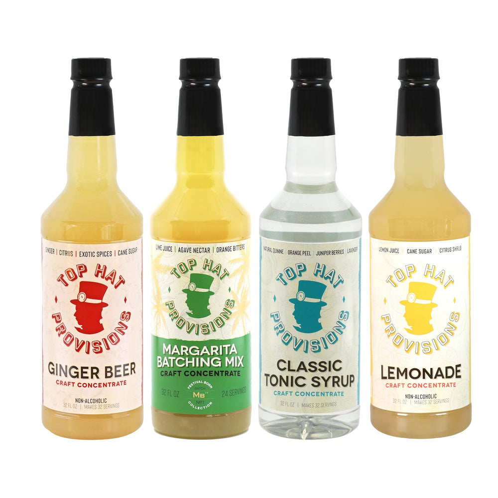 Top Hat Crowd Pleaser Alcohol Free Non Alcoholic Cocktail Mixology Combo Kit - Original Ginger Beer Syrup, Agave Margarita Batching Mix, Classic Tonic Syrup & Handcrafted Lemonade Concentrate - 4 pack of 32oz bottles