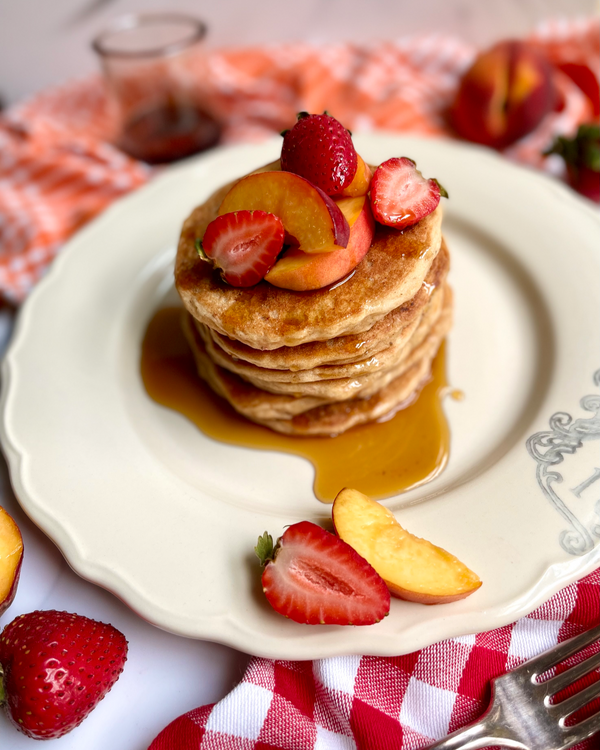 Gluten-Free Strawberry Peach Protein Pancakes (Vegan)