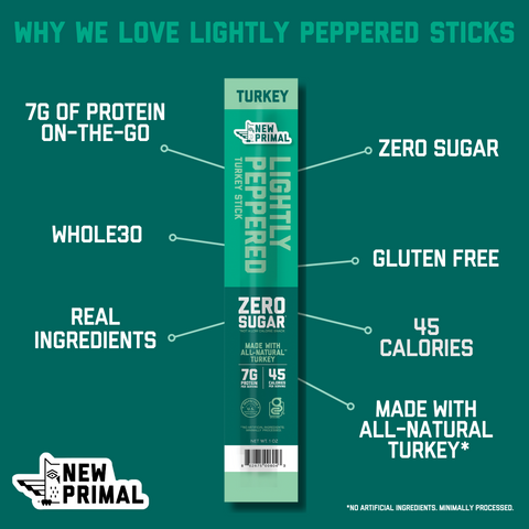 Lightly Peppered Turkey Meat Sticks, All-Natural Turkey, Zero Sugar (20 Sticks)