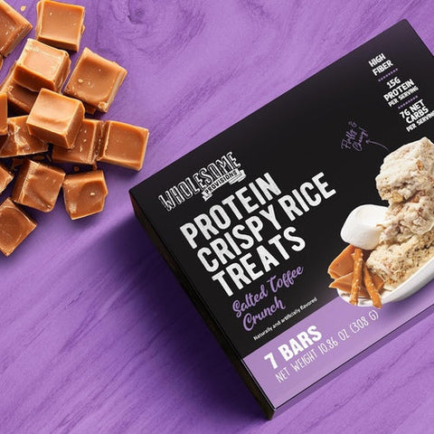 Salted Toffee Protein Rice Crispy Treats - 15g Protein, Low Carb 4g Net, High Fiber, Soft & Chewy