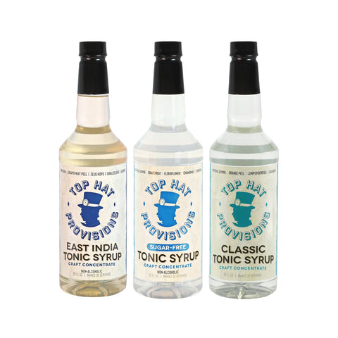 Top Hat Tonic Syrup Trio - 5x Quinine Wellness Tonic Water Concentrate Combo Kit - East India Tonic Syrup, Sugar Free Tonic Syrup & Classic Tonic Syrup - 3 pack of 32oz bottles