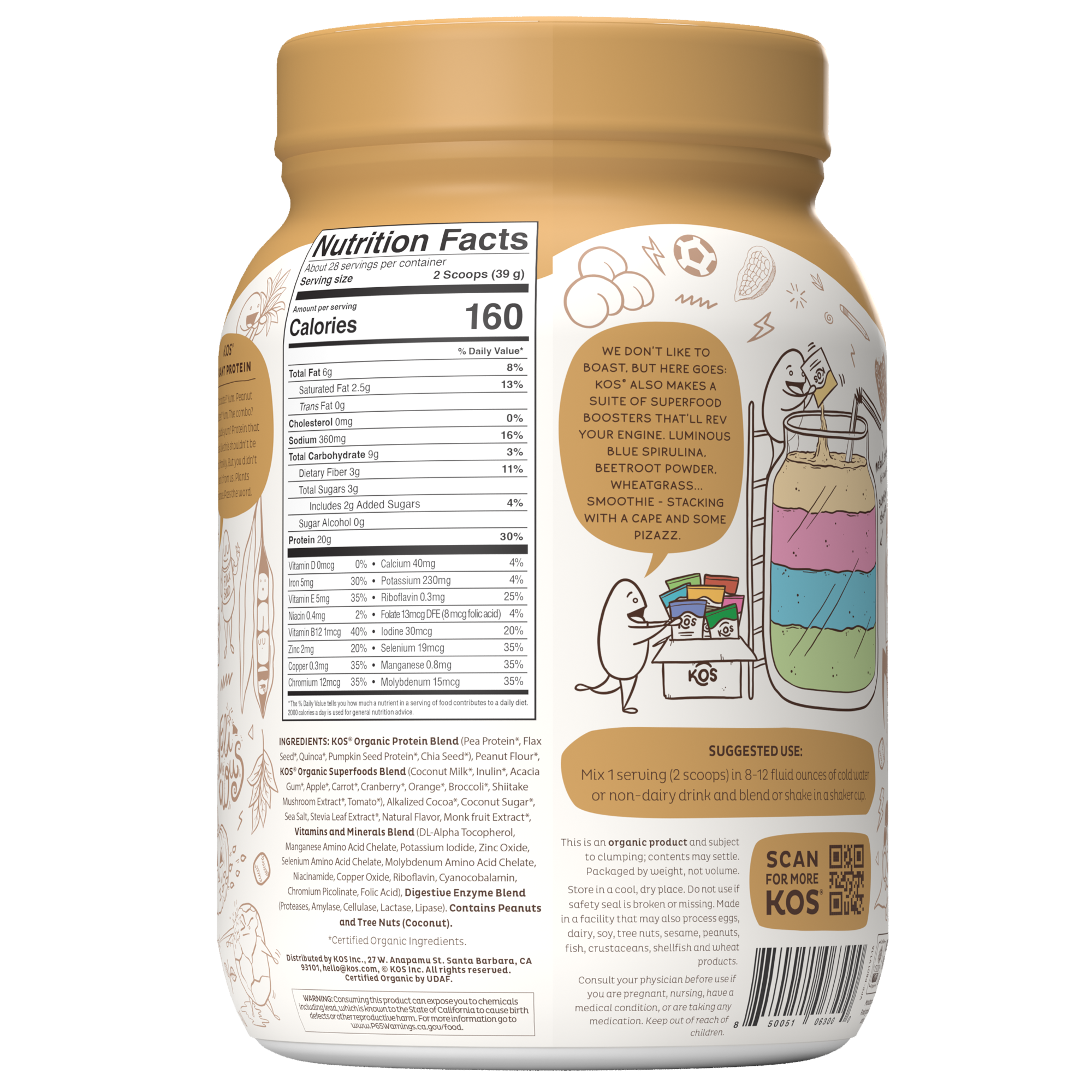 KOS Organic Plant Protein, Chocolate Peanut Butter, 28 Servings